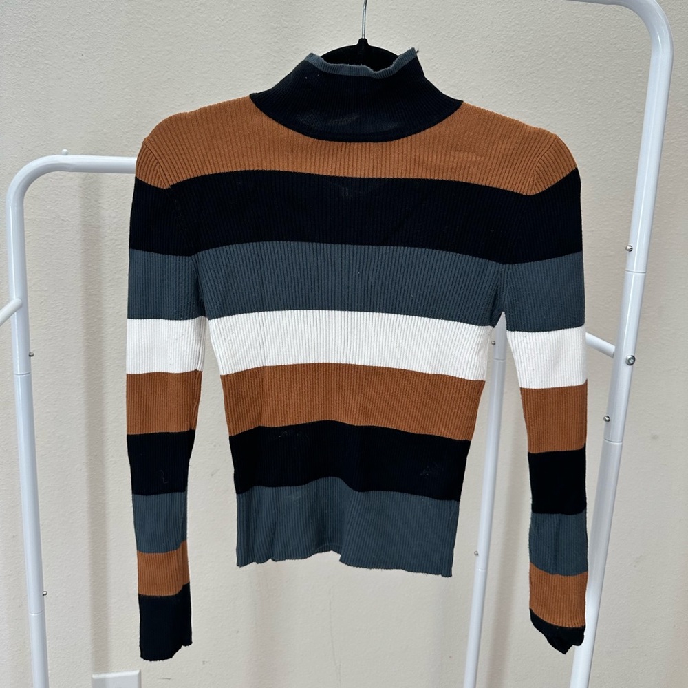 Zara Multicolor Striped Knit High-Neck Ribbed Sweater Turtleneck Sweater